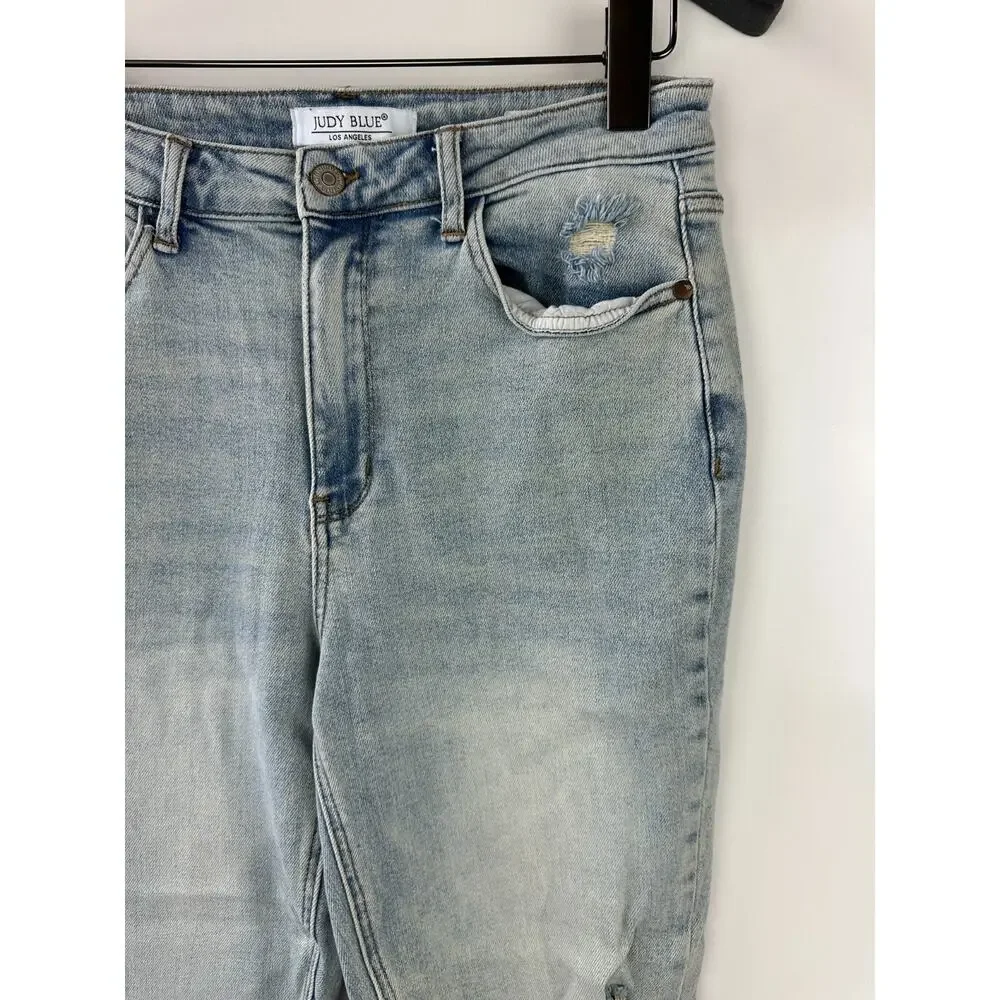 Judy Blue Adrian High Rise Straight Leg Jeans Distressed Slit Hem Size 11 30 - Picture 6 of 16